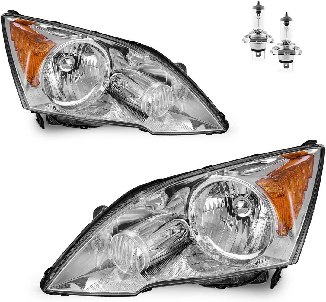 for 2007-2011 HONDA CR-V EX, EX-L, LX, SE [4-Door Sport Utility] Headlights Pair Headlamp set Chrome Housing Amber Reflector L+R Side