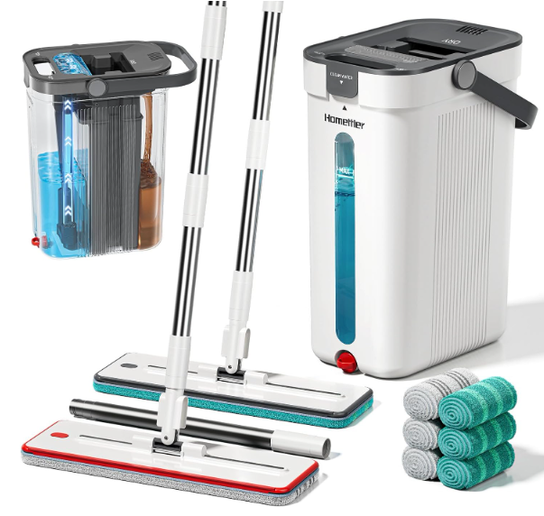 HoMettler DualMop and Bucket Set, 3Tank Flat Mop and Bucket System with Separate Dirty and Clean Water, Wall Cleaner Mop, Flat Mops for Floor Cleaning with 6 Microfiber Pads