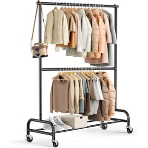 MISSLO Heavy Duty Clothing Racks for Hanging Clothes Rack Double Rod Garment Rack Rolling Closet Wardrobe Rack on Wheels, Metal, Adjustable, Black