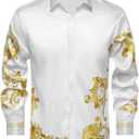 Mens Luxury Brand Print Silk Satin Design Button Down Dress Shirt (White, XL)
