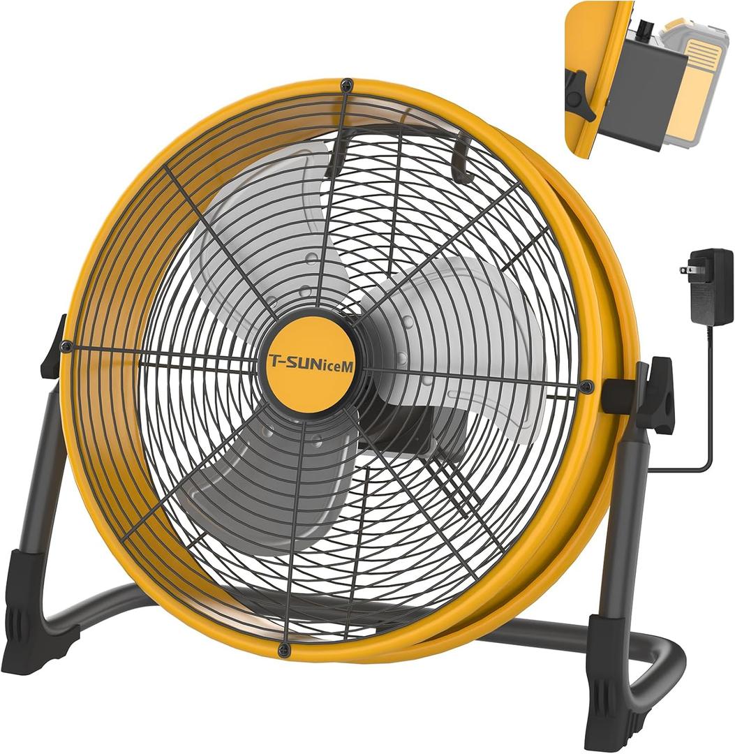 16" Battery Operated Floor Fan for Dewalt 20V Max Battery, Portable Fan with AC Adapter and USB Output, Metal Industrial High Velocity, Stepless Speed Cordless Fan for Jobsite Garage Camping Emergency