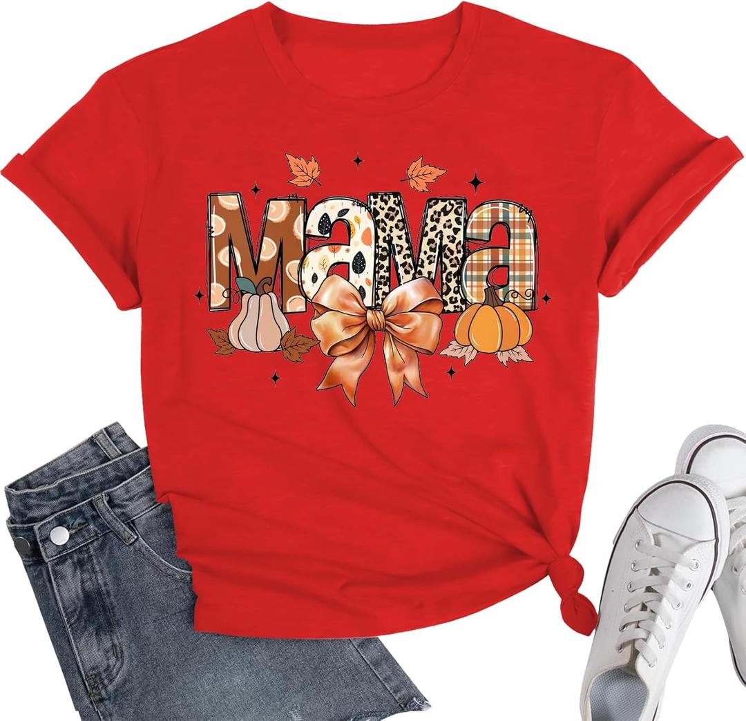 All American Mama Patriotic Shirt- Bow Holiday Vacation Casual Outfit (Red, M)