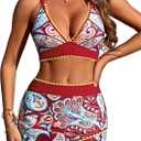 ZAFUL Women's High Waisted Bikini with Skirt Whip Stitch 2 Piece Swimsuits Tummy Control Bathing Suit (Large, 0-boho Red)
