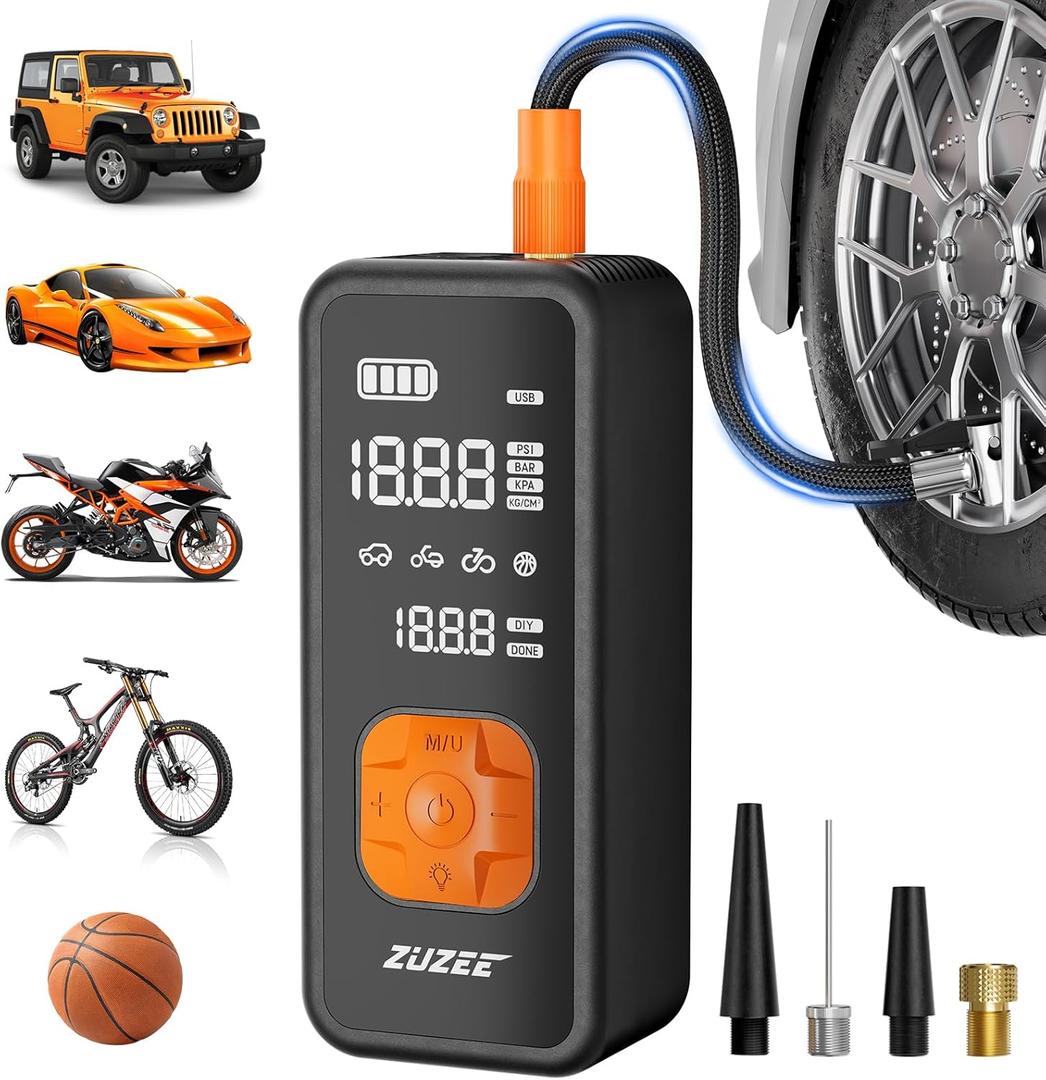 Tire Inflator Portable Air Compressor - 4X Faster Inflation, 150PSI Air Pump for Car Tires with Digital Pressure Gauge/LED Light, Portable Tire Inflator for Car, Moto, Bike, Ball, etc (Black & Orange)