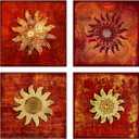 Vintage Flowers Pattern Canvas Prints Wall Art for Bedroom 4 Piece Framed Artwork Abstract Red Sunflower Picture for Home Office Decoration 16x16, 16"x16"x4pcs