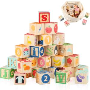 ABC Wooden Building Blocks for Toddlers 1-3 Large, 26 PCS Alphabet & Number Stacking Blocks, Educational Learning Toys for Boys Girls Kids Gifts 1.65''