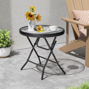 Foldable Side Table with Tempered Glass Top 18" Outdoor Folding Side Tables Small Glass Patio Table for Porch Yard Balcony Deck Lawn Dining Garden (Black)