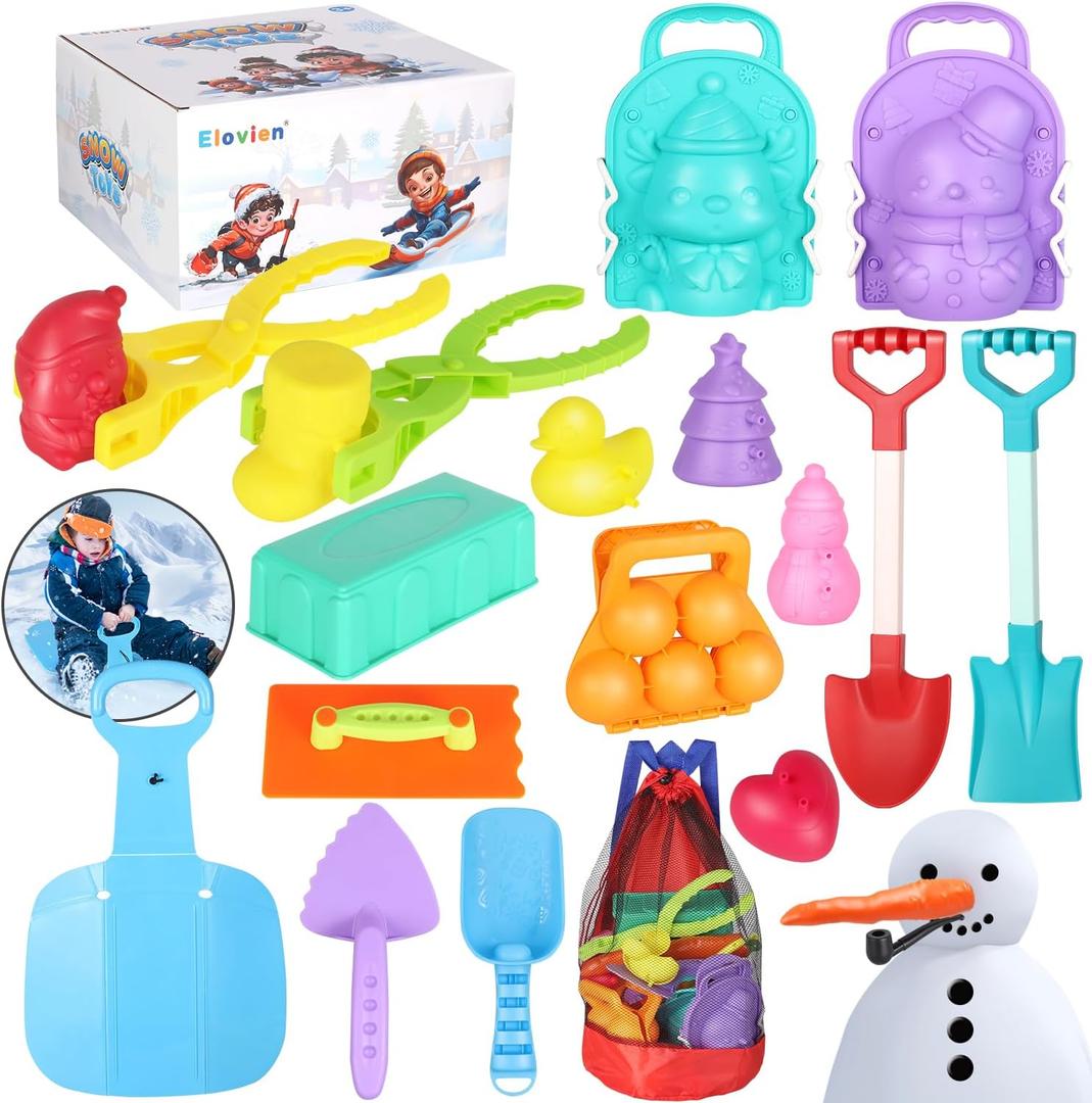 Elovien Snow Toys Snowball Maker 32Pcs Snow Molds for Kids Outdoor with Foldable Snow Sleds, Long Shovels Tool, Snowman Kit, Snow Brick Maker, Winter Travel Toys for Toddlers Adults Snow & Sand Play