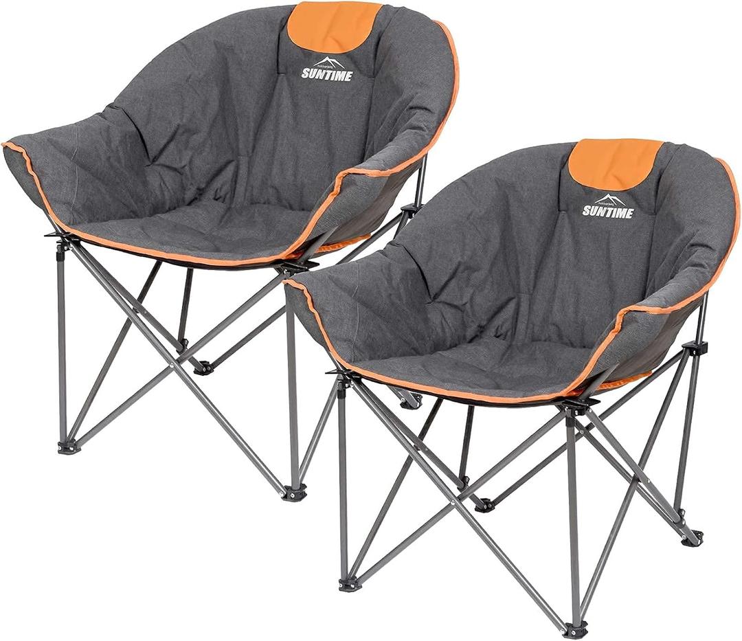 Suntime Sofa Chair, Oversize Padded Moon Leisure Portable Stable Comfortable Folding Chair for Camping, Hiking, Carry Bag(2 Pack) (Grey and Orange)