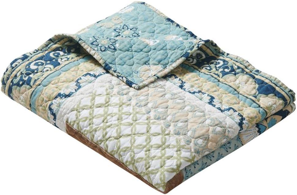 Barefoot Bungalow Greenland Home Thalia Velvet-Embellished Quilted Cotton Throw Blanket, 50 W x 60 L inches, Blue