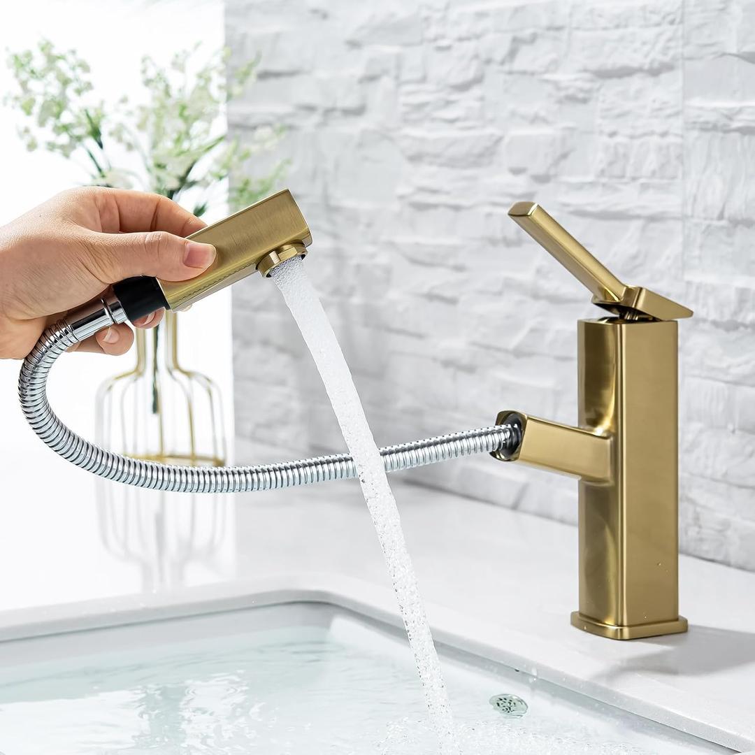 Bathroom Sink Faucet with Pull Out Sprayer, Single Handle Basin Mixer Tap for Hot and Cold Water, Lavatory Pull Down Sink Faucet with Rotating Spout (Regular,Brushed Champagne Gold)