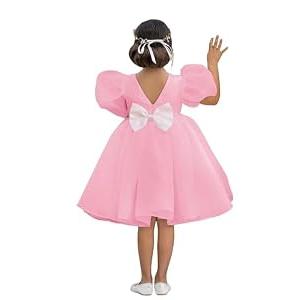 LalaMira Flower Girl Dress Organza Toddler Dresses Puff Sleeve & Bow Bcak Girls Princess Dress for Wedding Birthday Party Blushing Pink-3T