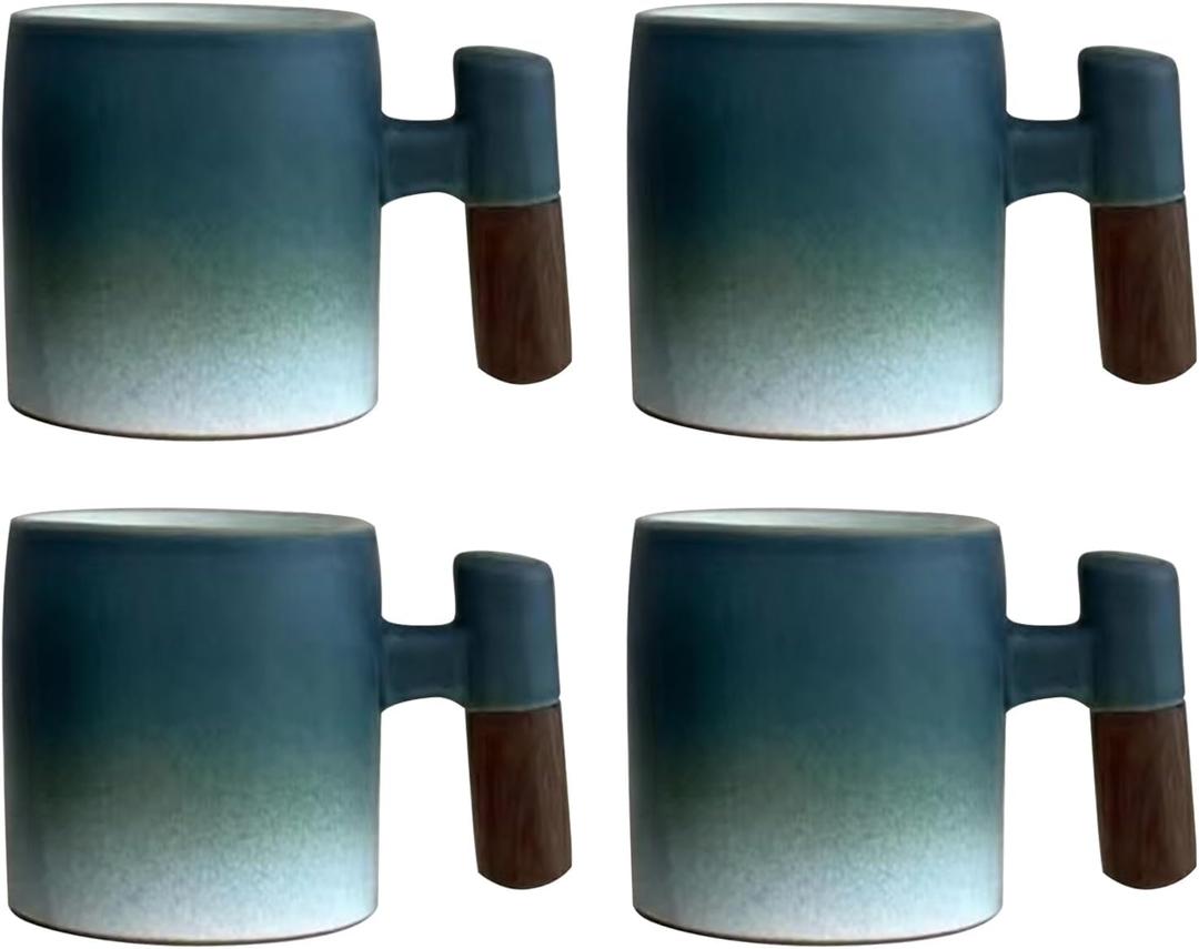 2-Oz Ceramic Espresso Cups with Wood Handle, 2/4-Piece Set for Coffee, Tea, Latte - Dishwasher Safe, Multi-Color & Wood Styles, Gift & Caf Use (blue white, Wooden Handle4)