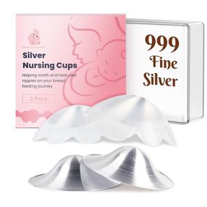 Original 999 Pure Silver Nursing Cups with Silicone Pads, Nipple Shields for Nursing Newborn Essentials, Silver Nipple Covers for Breastfeeding, Silver Nipple Guards for Soothing and Healing (Large)
