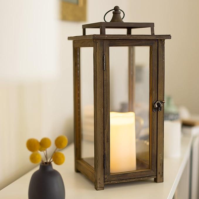 18 Inch Rustic Wooden Candle Hurricane Lantern, For Table Top, Mantle, Wall Hanging, or Garden Display, Indoor & Outdoor Use, Extra Large