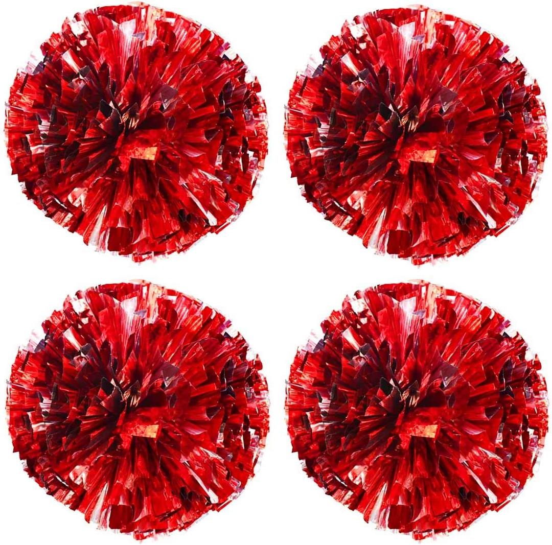 TTSAM 4 Pack (2 Pair) Metallic Foil Cheerleader Pom Poms & Plastic Ring Cheer Poms with Baton Handle Cheerleading Pompoms for Sports Party Dance Team Accessories Cheering Squad Spirit (Red & Silver)