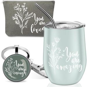 Tessco for you 3 Pcs Employee Appreciation Gifts for Women Inspirational 12 oz Tumbler Enough Keychain Makeup Bag Thank You Gift for Nurse Teacher(Green,Boho)