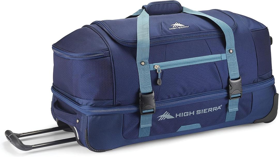 High Sierra Fairlead Portable 28 Inch Polyester Drop Bottom Wheeled Rolling Duffel Travel Bag with Recessed Telescoping Handle, Graphite Blue