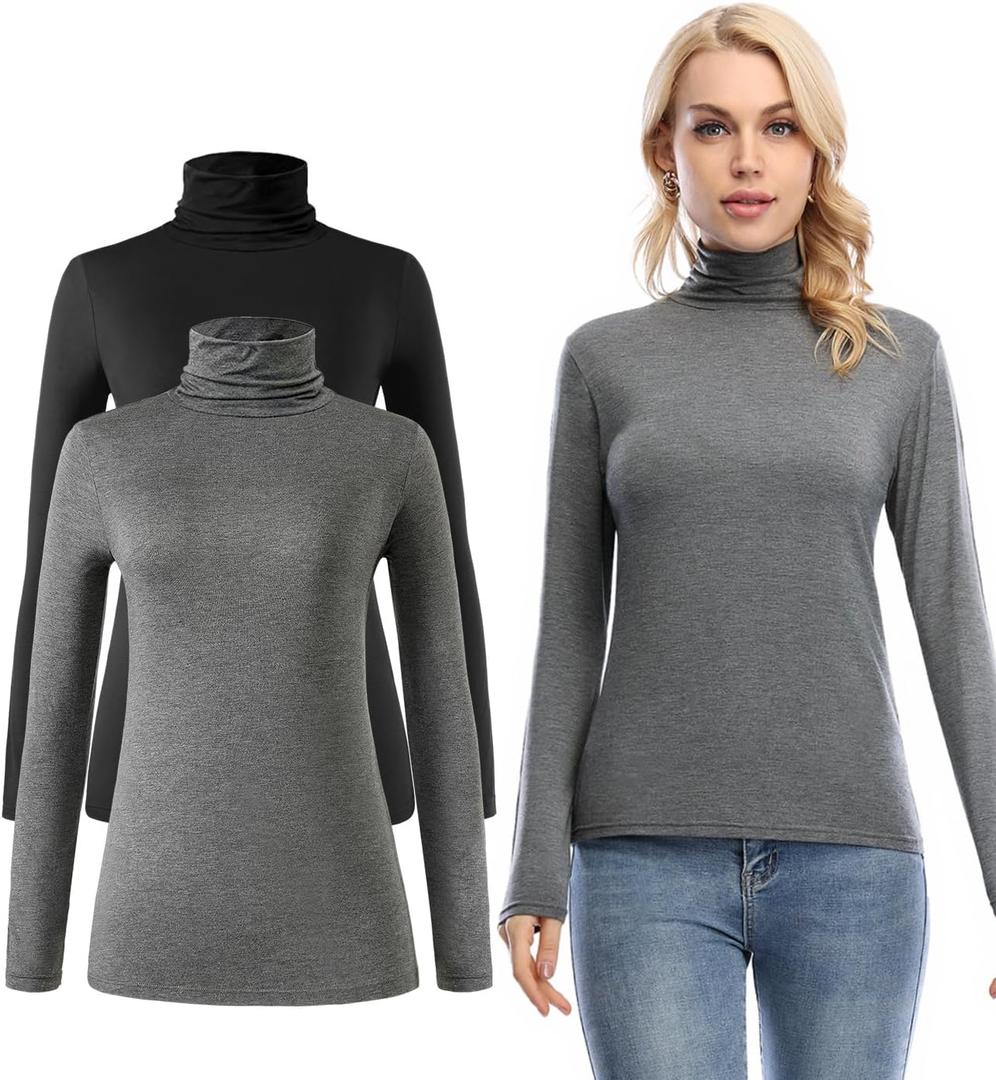 Femdouce Womens Turtleneck Long Sleeve Shirt Lightweight Slim Pullover Basic Undershirts Active Turtle Neck T-Shirts 2 Pack (L)