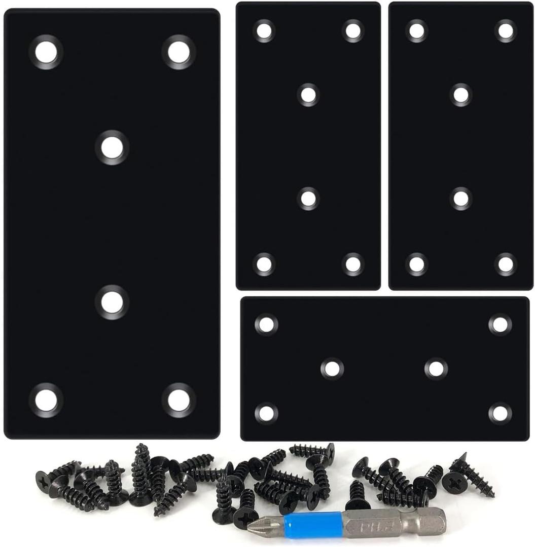 QSJ 4 Pack Black Flat Mending Plate,Six-Hole Metal Bracket, Straight Steel Brace 3.94 x 1.97'', Fixing Joining Plate for Wood with 24PCS Screws, 1x Screwdriver.