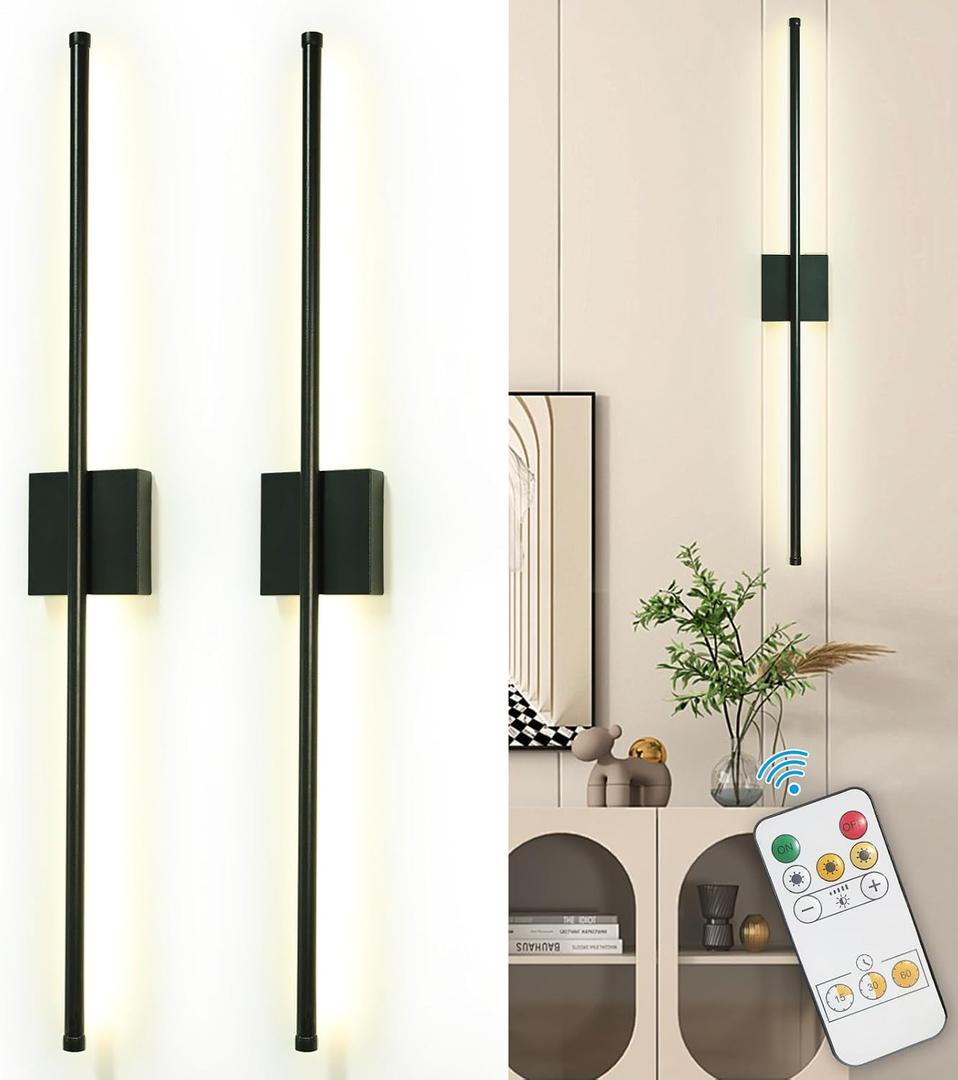 Depuley Wall Sconces Battery Operated: Set of 2 Wireless Wall Lights with Remote for Bedroom - Rechargeable 15 Colors Black Wall Lamp for Living Room Hallway Home Decor, 31.5 Inch Set of 2