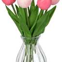 Artificial Tulips Flowers Floral Arrangement - 6 Pcs Faux Flowers in Clear Glass Vase with Faux Water 12.5" Pink & White Ombre Fake Tulip Bouquet Centerpiece for Dining Table Home Wedding Office Decor
