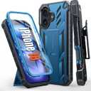 FNTCASE for iPhone 16 Phone Case: Military Grade Rugged Cell Phone Cover with Kickstand & Holster | Shockproof TPU Protection Bumper Matte Textured Design for iPhone 16 Cases 6.1 inch-Blue