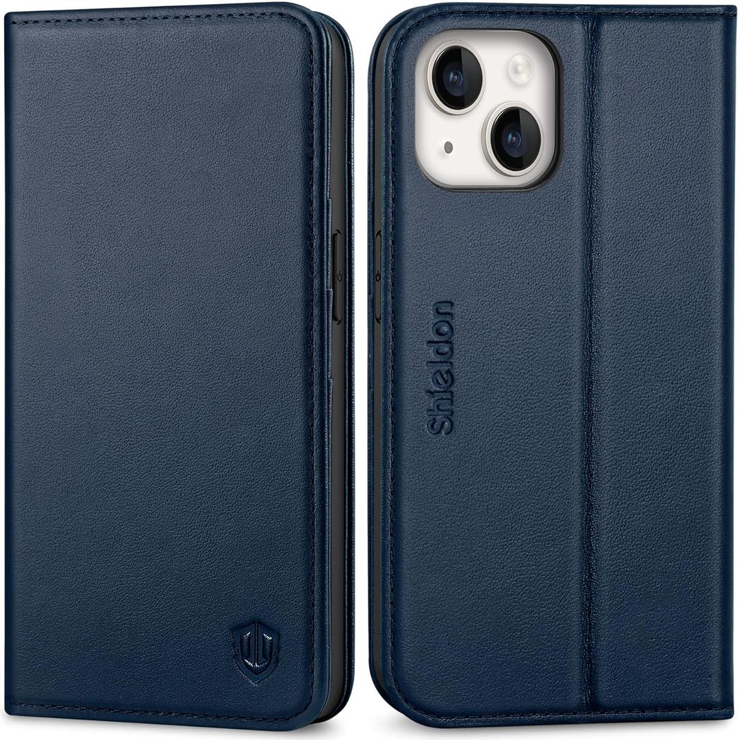 SHIELDON Case for iPhone 14 5G 2022, Genuine Leather Flip Wallet Magnetic Kickstand RFID Blocking Protection Credit Card Holder with Shockproof Case Compatible with iPhone 14 (6.1") - Navy Blue