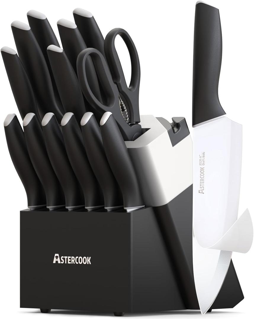 Astercook Knife Set, Kitchen Knives with Block and Sharpener Ceramic Coating 15 Pcs German Stainless Steel Knives Sharp Blade Dishwasher Safe Deba Knives with Ergonomic Handle, Elegant Black