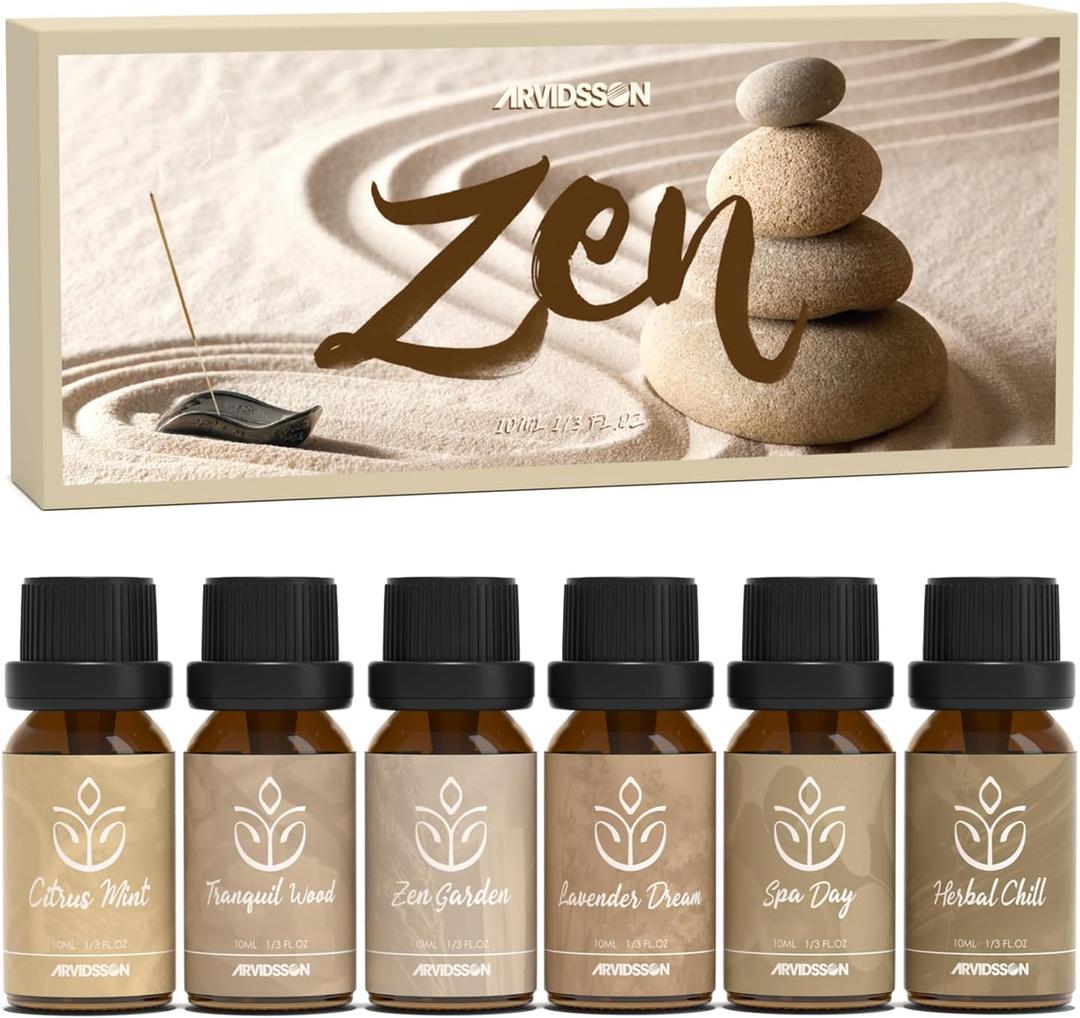 ARVIDSSON Zen Essential Oils Set, Nautal Tranquil Essential Oil for Diffusers for Home - Zen Garden, Lavender Dream, Serene Spa, Citrus Mint, Tranquil Wood, Herbal Chill, Gift for Women (Light Brown)