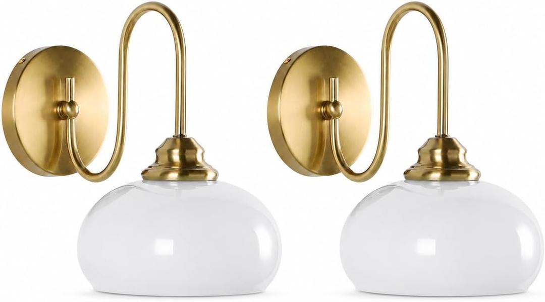 KCO 2 Pack 7.9” White Milk Dome Glass Wall Sconce Gooseneck Gold Wall Lamp, 11.2 x 7.9 x 9.8 inches