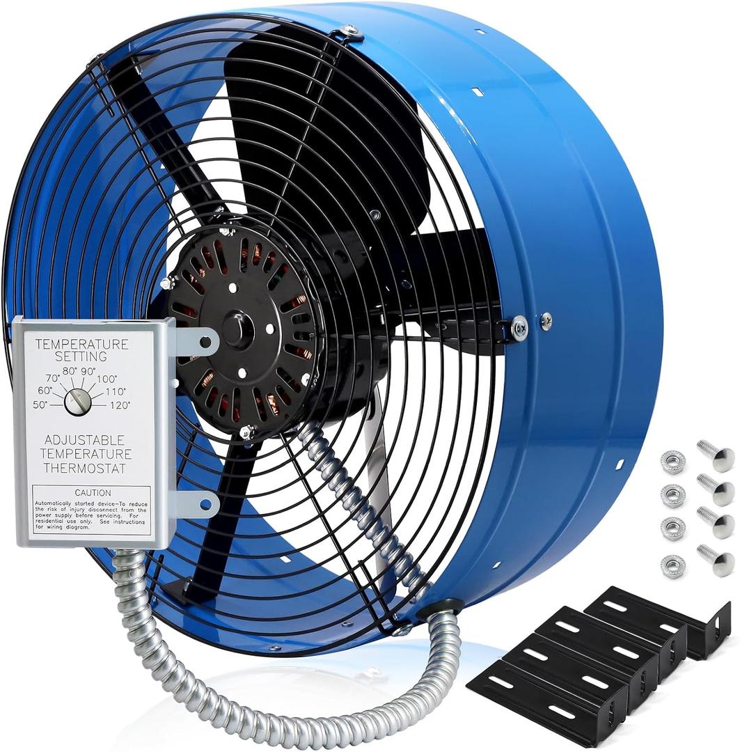 Hiorucet Upgraded 15 Inch Gable Vent Exhaust Fan, 1600CFM 2400 SQF High Performance Low Noise Gable Mount Attic Fan with Adjustable Thermostat, 14 Inch Blade and Permanently Lubricated Motor, Blue.