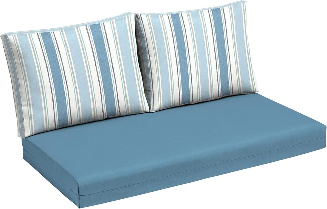 Arden Outdoor Loveseat Cushion Set, 48 x 24, Water Repellent, Fade Resistant, Cushion Set for Couch, Bench, and Swing, French Blue Linen Stripe