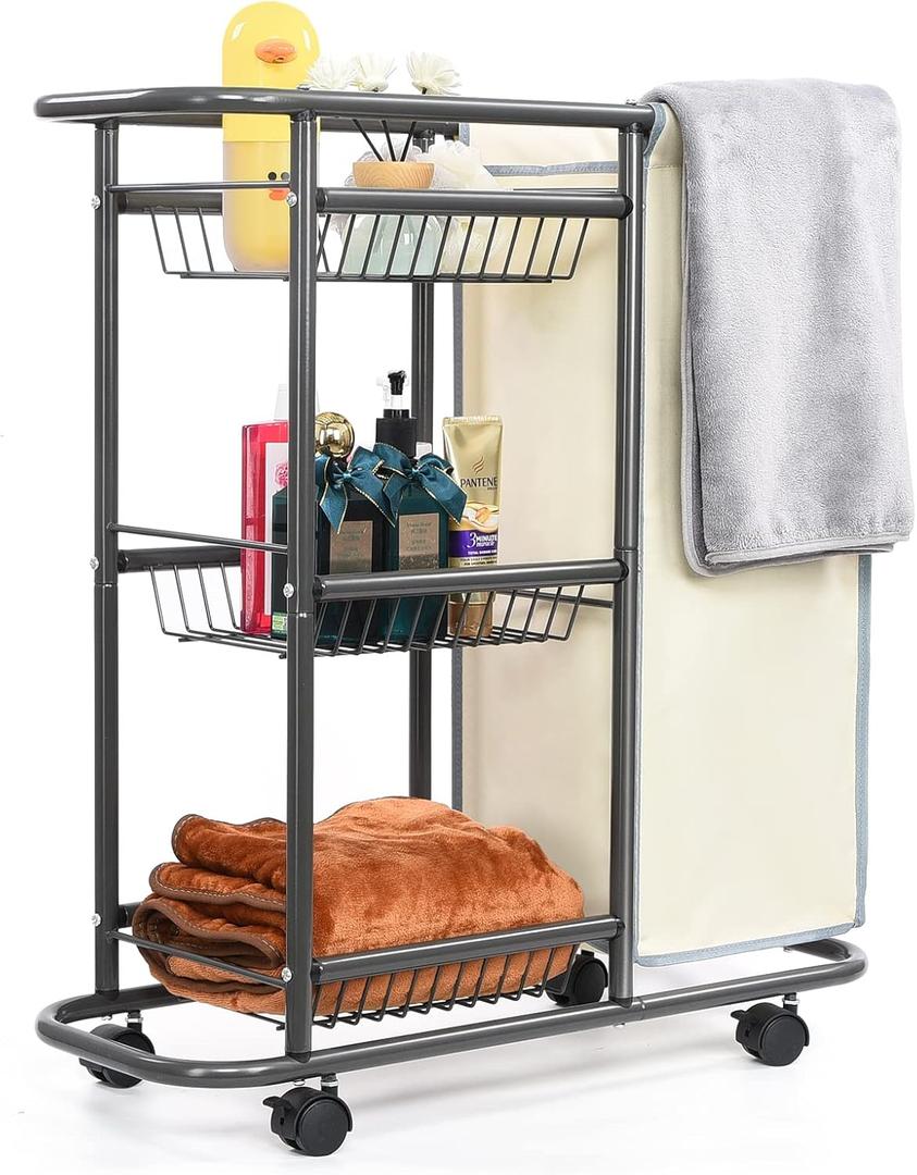Rolling Laundry Cart with Wheels: Heavy Duty Laundry Basket with Wheels - 3-Tier Cleaning Cart Between Washer and Dryer Storage with 1 Bag for Clothes, Laundry Room, Bathroom, Bedroom
