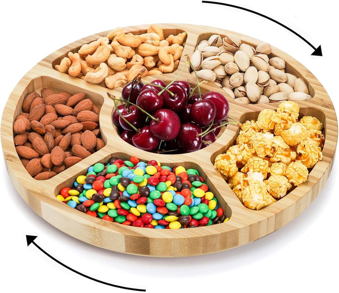 Dicunoy Divided Serving Dish Tray, 13'' Bamboo Rotatable Veggie Fruit Platter, Lazy Susan Relish Sectional Snack Container Bowls with 6 Compartments for Candy, Appetizer, Nuts, Parties
