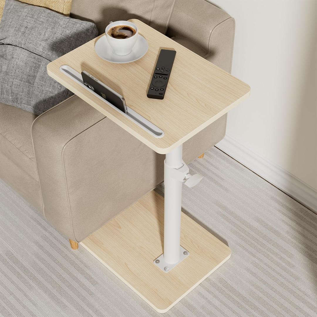 Sofa Armrest Tray Table for Couch - 360 Swivel Height Adjustable End Table for Small Spaces, Snack Side Table for Bed or Chair with Phone & Tablet Slot (Oak, Standard) (Fair)