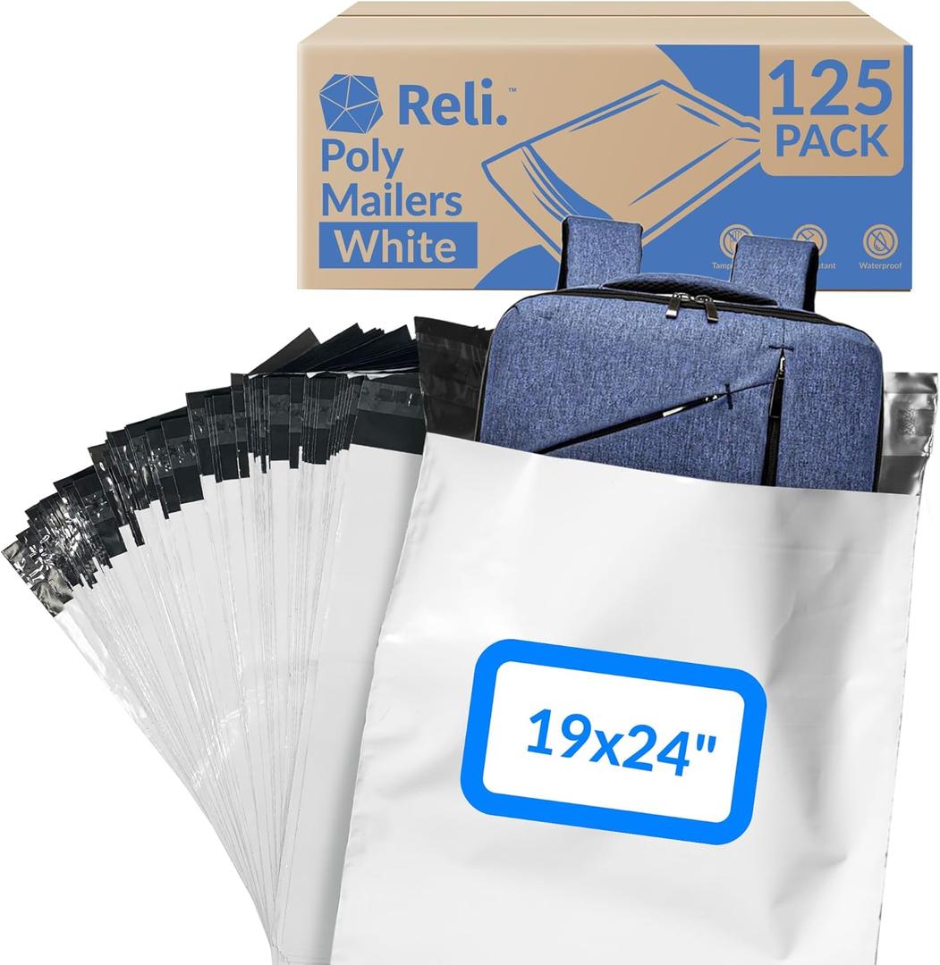 Reli. (125 Pcs) Poly Mailers 19x24", White | Large Shipping Bags for Small Business | Mailing Bag for Shipping | Packaging for Clothing | Non-Padded Envelopes/Polybags, Self Sealing