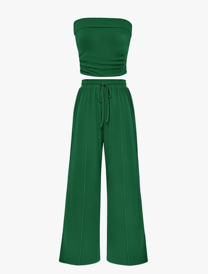 PRETTYGARDEN Womens Summer Outfits 2 Piece Sets Casual Ribbed Knit Crop Tube Top Wide Leg Pants Spring Matching Lounge Set Size M