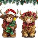 2 Pack Christmas Highland Cow Decor Resin Highland Cow Figurine Christmas Cows Gnomes with Santa's Hat Scarf Resin Statue for Garden Table Shelf Home Decor Calf Gnome Herd Gifts