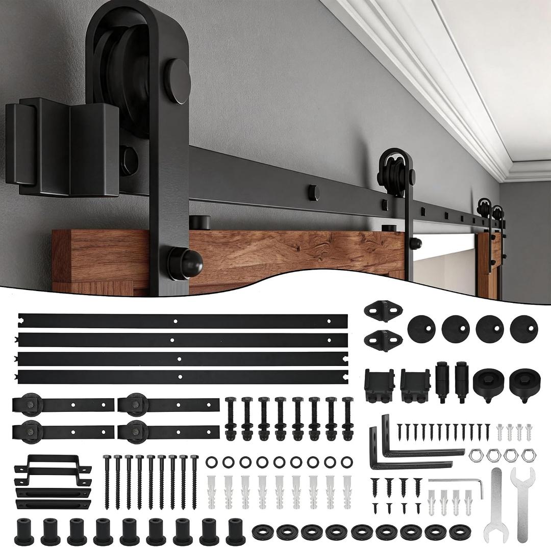 12 FT Double Sliding Barn Door Track and Handle Hardware Kit | for 33"~36" Wide Double Door,Wall Mount,Easy Install,Heavy Duty,Smooth Quiet Slide,Barn Door Kit