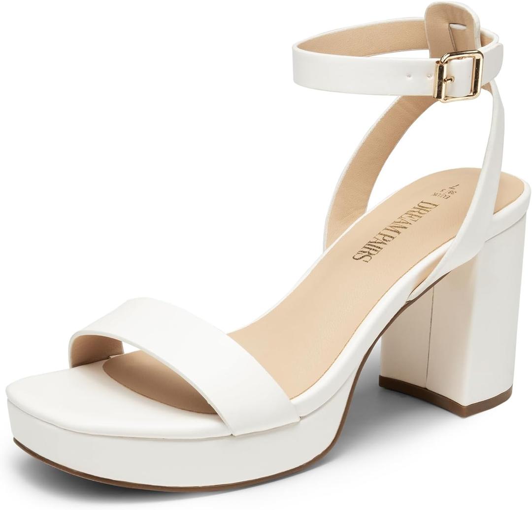 DREAM PAIRS Platform Heels for Women High Block Chunky Open Toe Ankle Strap Heels Fashion Wedding Party Evening Prom Dance Dress Pump Sandals Shoes, Size 7, WHITE-PU, SDHS2420W