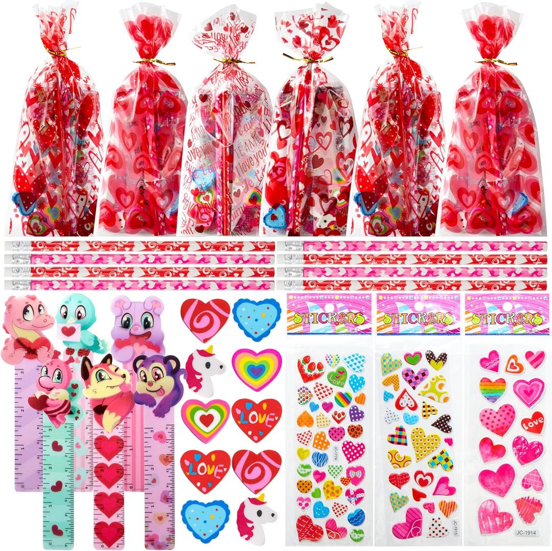 JOYIN 28 Pack Valentines Day Stationery Set Assorted for Kids, with Pencils Sticker Eraser and Rulers, and Holiday Reward Prizes Classroom School Exchange Gift