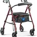 Medline Steel Rollator Walker with Seat, Burgundy, 350 lb. Weight Capacity, 6 Wheels, Foldable, Adjustable Handles, Rolling Walker for Seniors, Walker for Mobility Impaired