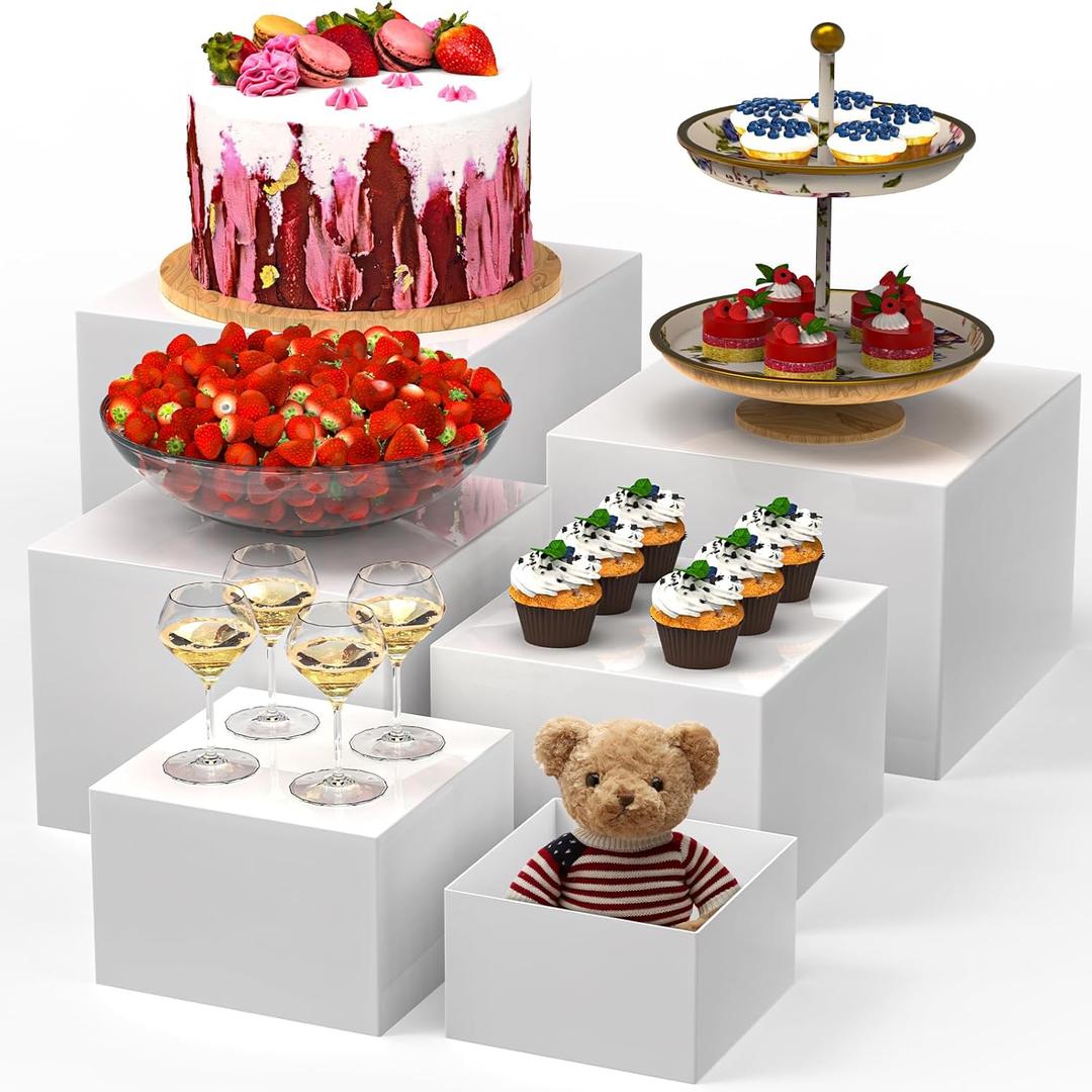 6 PCS Buffet Risers, Large Food Risers for Buffet Table, Display Stand Shelf for Party, Catering, Jewelry & Collectibles, White Acrylic Nesting Boxes for Food Display (10" 9" 8" 7" 6" 5")