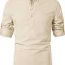 Cotton Linen Shirts for Men Lightweight Casual Long Sleeve Henley Beach Hawaiian Tops (Yellow, S)