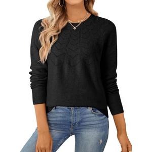 SHEWIN Sweaters for Women Crochet Long Sleeve Crew Neck Sweater Lightweight Shirts Tops Fall Fashion 2025 (Black, M)