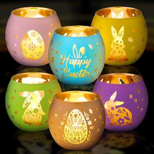 Jingmore 6 Pcs Easter Tealight Candle Holders Bunny Egg Flameless Glass Votive Holders Happy Easter Votive Candle Decor with 6 Laser Engraving Patterns for Spring Home Table Centerpiece (Multicolor)