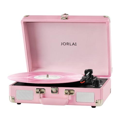 JORLAI Pink Vinyl Record Player 3 Speeds Portable Suitcase Turntable with Built-in Dual Speakers, Bluetooth Gramophone with Built-in Battery 3.5mm Aux Input/RCA Output