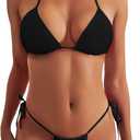 Women Two Piece Thong Bikini Set Sexy Halter Triangle Swimsuit String Brazilian Bathing Suits (Medium, Black)