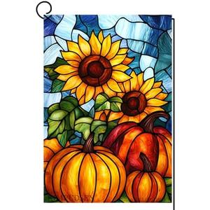 Fall Pumpkin Garden Flag Autumn flags 12x18 Inch Double Sided Small Stained Glass Thanksgiving Yard Flag for Outside Decorations